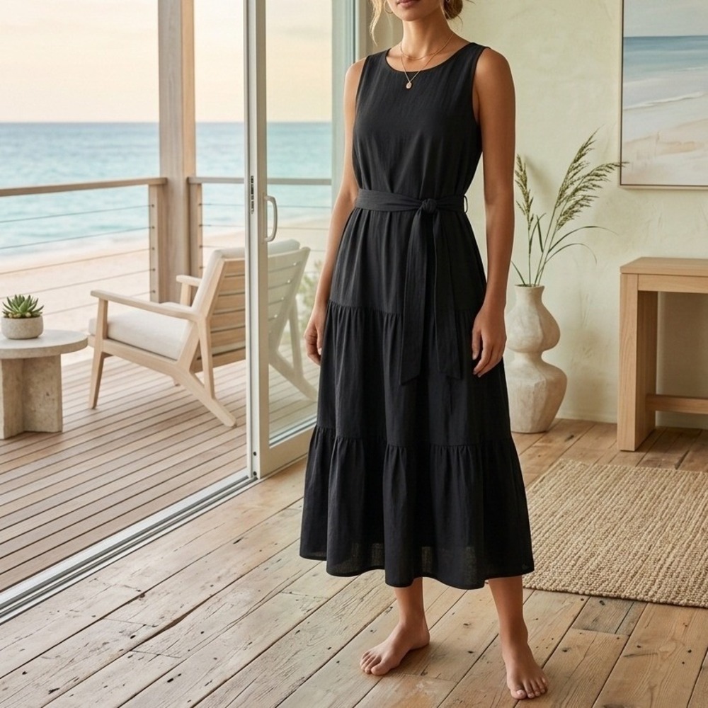 J.Crew Midi Dress 14 Black Cotton Tiered Guaze Sleeveless Belted Pockets New